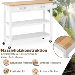 Køkkenvogn i træ med bordplade, 2 skuffer og hylder