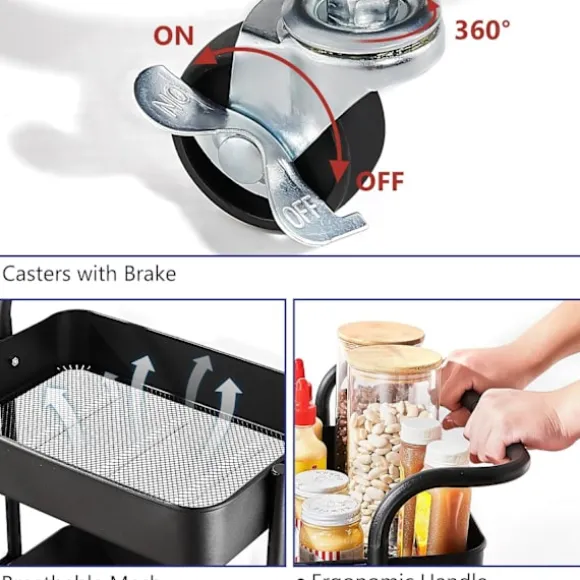 Køkkenvogn Køkkenstativ, med håndtag og låsbare hjul, egnet til badeværelse og køkken, sort