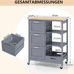 Køkkenvogn med bakke, hylder & 3 skuffer – Grå