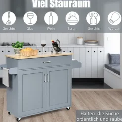 Køkkenø-vogn rullende opbevaringsvogn stort skab 116 x 40 x 85 cm grå + natur