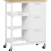Køkkenvogn, serveringsvogn med 3 skuffer, 3 etager, bordplade, køkkenvogn, opbevaringsvogn, hvid, 67 x 37 x 85 cm