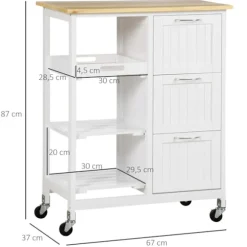 Køkkenvogn, serveringsvogn med 3 skuffer, 3 etager, bordplade, køkkenvogn, opbevaringsvogn, hvid, 67 x 37 x 85 cm