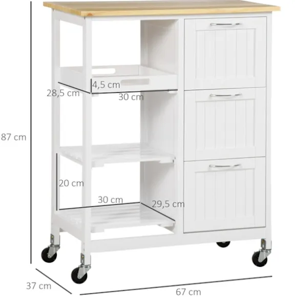 Køkkenvogn, serveringsvogn med 3 skuffer, 3 etager, bordplade, køkkenvogn, opbevaringsvogn, hvid, 67 x 37 x 85 cm