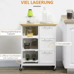 Køkkenvogn, serveringsvogn med 3 skuffer, 3 etager, bordplade, køkkenvogn, opbevaringsvogn, hvid, 67 x 37 x 85 cm