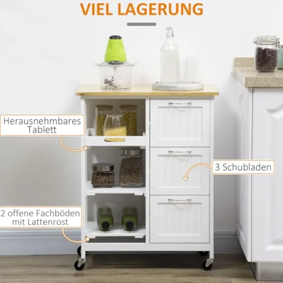 Køkkenvogn, serveringsvogn med 3 skuffer, 3 etager, bordplade, køkkenvogn, opbevaringsvogn, hvid, 67 x 37 x 85 cm