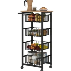 Køkkenvogn serveringsvogn med bordplade, 4 udtrækbare stålkurve, vogn til kontor, 49,5 x 31 x 91 cm, eg