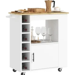 Køkkenvogn serveringsvogn med bordplade, hylder, vinreoler, køkkenskabsvogn med soft-close hængsler, håndtag, køkkenø til kontor, 83x40x83cm, eg