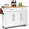 Køkkenvogn/Trolley på hjul 122x46x92,3CM i træ med justerbar hylde Håndklædeholder Knivholder Hvid