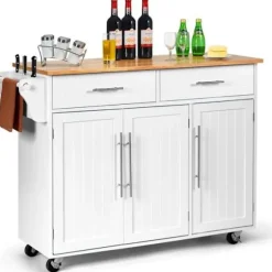 Køkkenvogn/Trolley på hjul 122x46x92,3CM i træ med justerbar hylde Håndklædeholder Knivholder Hvid