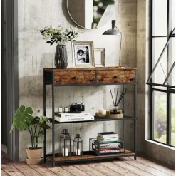 [KK]Rootz smalt konsolbord - Skænk - Entrébord - Rigelig opbevaring - Brun & Sort - 24 x 76 x 80 cm