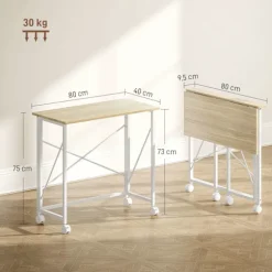 Klapbord med hjul, pladsbesparende, stål MDF, naturlig