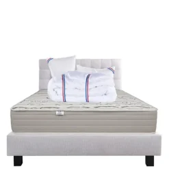 Økologisk bomulds madrassæt 160x200 cm + 2 puder + dyne + boxspring + sengegavl grå