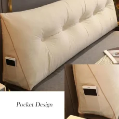 Komfortabel lændepude til seng, læsepude, rygstøttepude, trekantformet hovedpude, sengskilepude, stor læsepude 80x50x20cm, beige