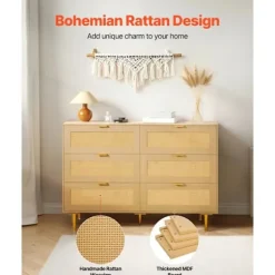 Kommode - DUOKU - ZD-25TB01 - 6 Skuffer - Syntetisk Rattan - Boheme Stil naturligt trä