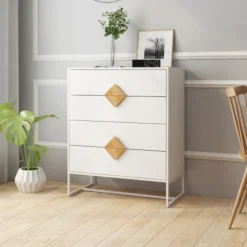 Kommode i massivt træ med 4 skuffer, specielt firkantet håndtagsdesign, kommode til soveværelset, naturlig White