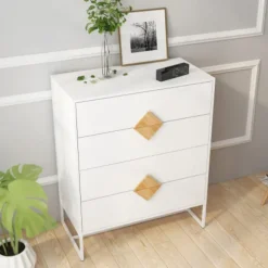 Kommode i massivt træ med 4 skuffer, specielt firkantet håndtagsdesign, kommode til soveværelset, naturlig White