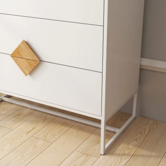 Kommode i massivt træ med 4 skuffer, specielt firkantet håndtagsdesign, kommode til soveværelset, naturlig White