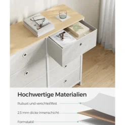 Kommode i stof med 8 skuffer, metalramme og bordplade til garderobe eller stue