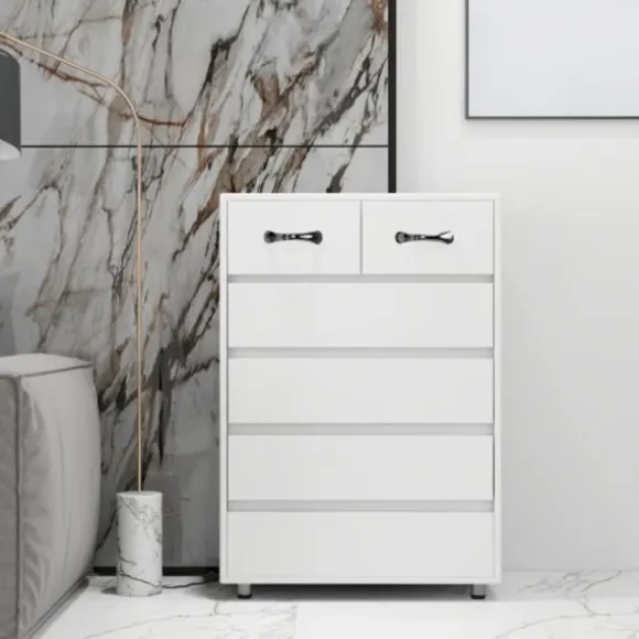 Kommode med 6 skuffer, hvidt sengebord, natbord til soveværelset med opbevaring, moderne White