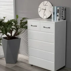 Kommode med 6 skuffer, hvidt sengebord, natbord til soveværelset med opbevaring, moderne White