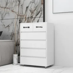 Kommode med 6 skuffer, hvidt sengebord, natbord til soveværelset med opbevaring, moderne White