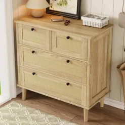 Kommode med 4 skuffer i rattan, opbevaringsskab med ben i massivt træ, garderobeskab Oak
