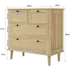 Kommode med 4 skuffer i rattan, opbevaringsskab med ben i massivt træ, garderobeskab Oak