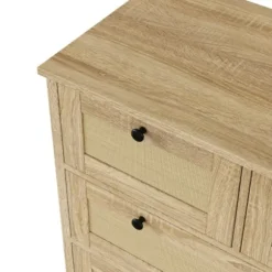 Kommode med 4 skuffer i rattan, opbevaringsskab med ben i massivt træ, garderobeskab Oak