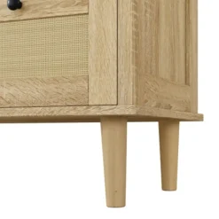 Kommode med 4 skuffer i rattan, opbevaringsskab med ben i massivt træ, garderobeskab Oak