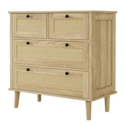 Kommode med 4 skuffer i rattan, opbevaringsskab med ben i massivt træ, garderobeskab Oak