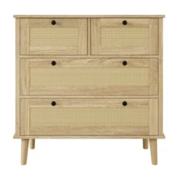 Kommode med 4 skuffer i rattan, opbevaringsskab med ben i massivt træ, garderobeskab Oak
