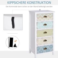Kommode Med 5 Skuffer, Opbevaringsskab, Farverig, Med Vippebeskyttelse Til Stue Og Soveværelse