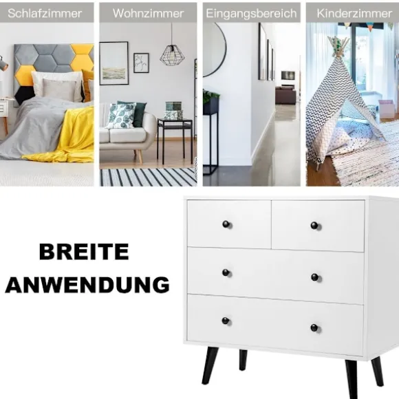 Kommode med 4 skuffer, skænk i træ, moderne opbevaringsskab, hvid