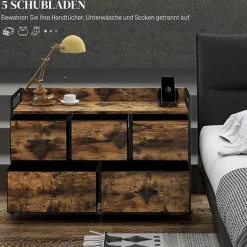 Kommode med 5 skuffer Stof Kommode Opbevaringsskab med stålramme Industrielt design til soveværelse Stue Rustik Brun