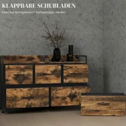 Kommode med 5 skuffer Stof Kommode Opbevaringsskab med stålramme Industrielt design til soveværelse Stue Rustik Brun