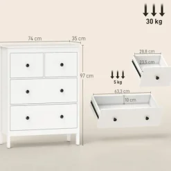Kommode med 4 skuffer til tøj og sengetøj, hvid MDF