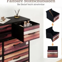 Kommode med 14 stofskuffer, metalramme, træplade