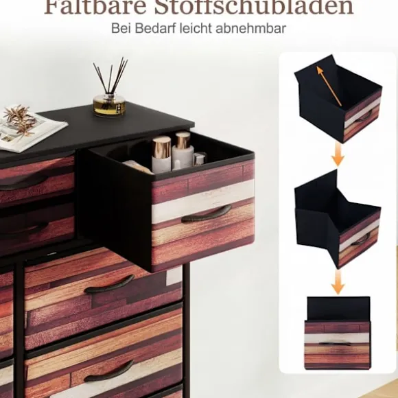 Kommode med 14 stofskuffer, metalramme, træplade