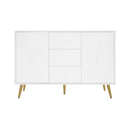 Kommode med diamantmønster og guldfødder, 3 skuffer og 2 døre, 120x80cm, hvid, elegant design til flere rum White