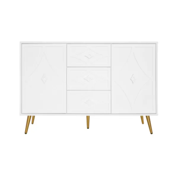Kommode med diamantmønster og guldfødder, 3 skuffer og 2 døre, 120x80cm, hvid, elegant design til flere rum White