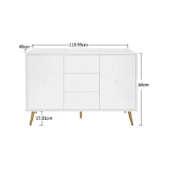 Kommode med diamantmønster og guldfødder, 3 skuffer og 2 døre, 120x80cm, hvid, elegant design til flere rum White