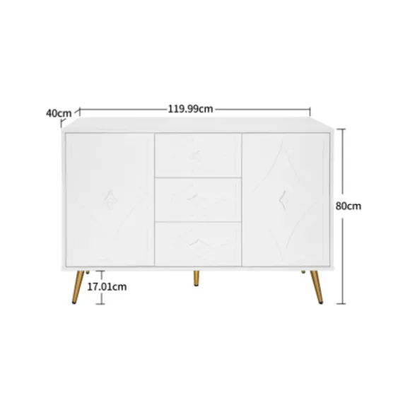 Kommode med diamantmønster og guldfødder, 3 skuffer og 2 døre, 120x80cm, hvid, elegant design til flere rum White