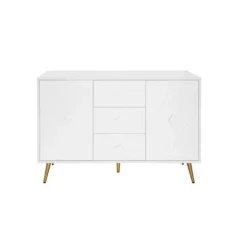 Kommode med diamantmønster og guldfødder, 3 skuffer og 2 døre, 120x80cm, hvid, elegant design til flere rum White