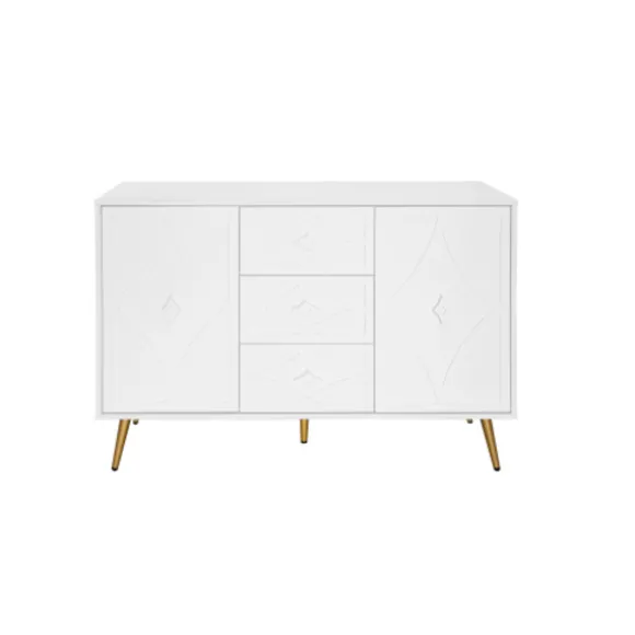 Kommode med diamantmønster og guldfødder, 3 skuffer og 2 døre, 120x80cm, hvid, elegant design til flere rum White