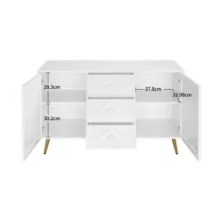 Kommode med diamantmønster og guldfødder, 3 skuffer og 2 døre, 120x80cm, hvid, elegant design til flere rum White