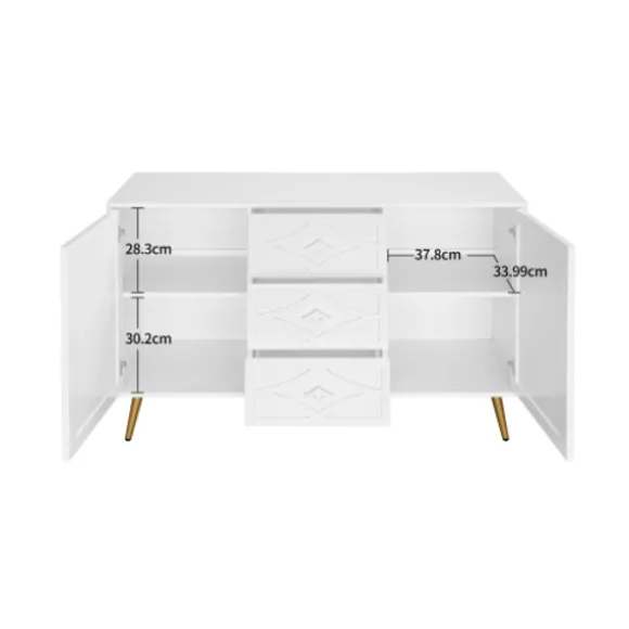 Kommode med diamantmønster og guldfødder, 3 skuffer og 2 døre, 120x80cm, hvid, elegant design til flere rum White
