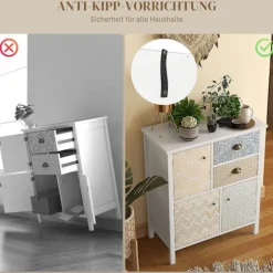 Kommode Opbevaringsskab 2 Skuffer 3 Rum Vippebeskyttelse Stue Soveværelse Hvid 68X34X80Cm