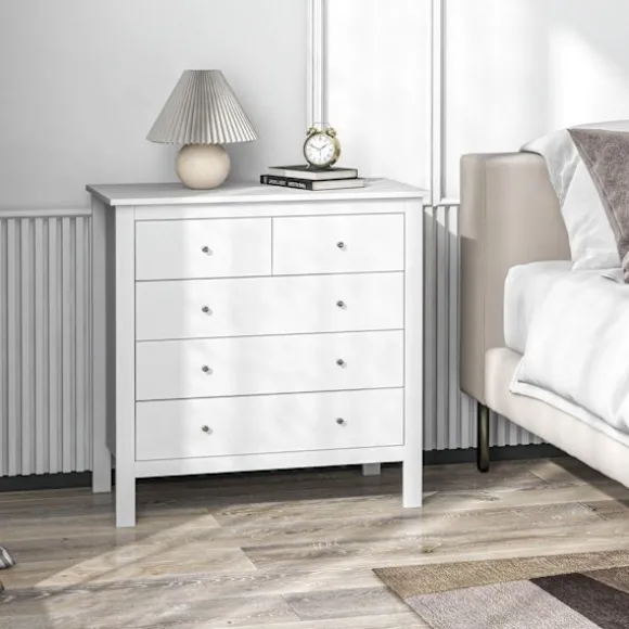 Kommode Sideskab 5 Skuffer Skænk Anti-Tilt Skuffe Kommode Soveværelse Stue Hvid 79 X 39,5 X 80,5 Cm