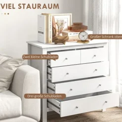 Kommode Sideskab 5 Skuffer Skænk Anti-Tilt Skuffe Kommode Soveværelse Stue Hvid 79 X 39,5 X 80,5 Cm