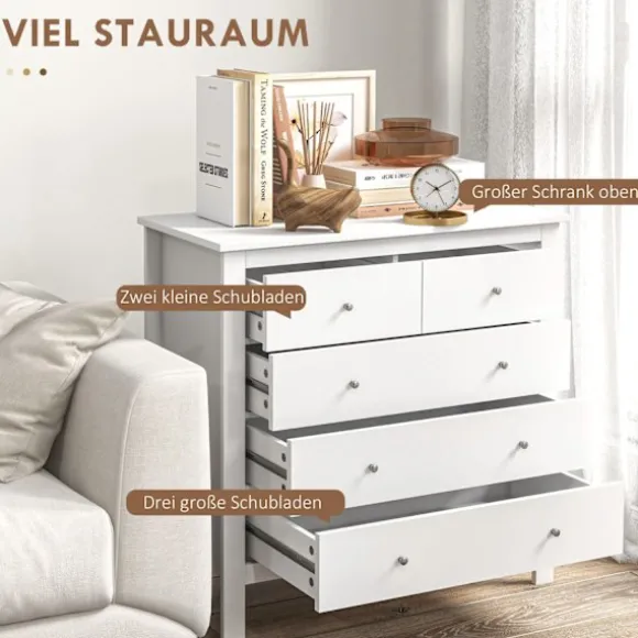 Kommode Sideskab 5 Skuffer Skænk Anti-Tilt Skuffe Kommode Soveværelse Stue Hvid 79 X 39,5 X 80,5 Cm